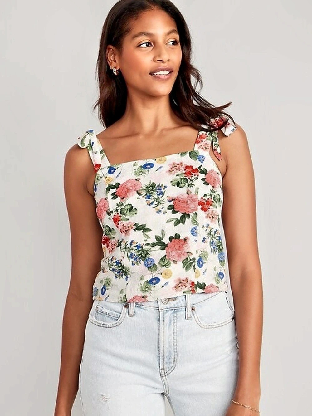 Old Navy Fitted Tie-Shoulder Floral Corset Cami Top White & Red XXL